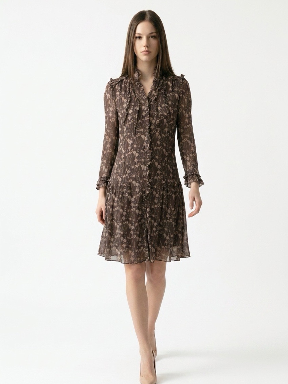 Brooks Brothers Grey Floral Long-Sleeve Ruffle Dress